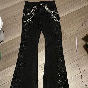 Black Flared Jeans with Rhinestone Embellishments